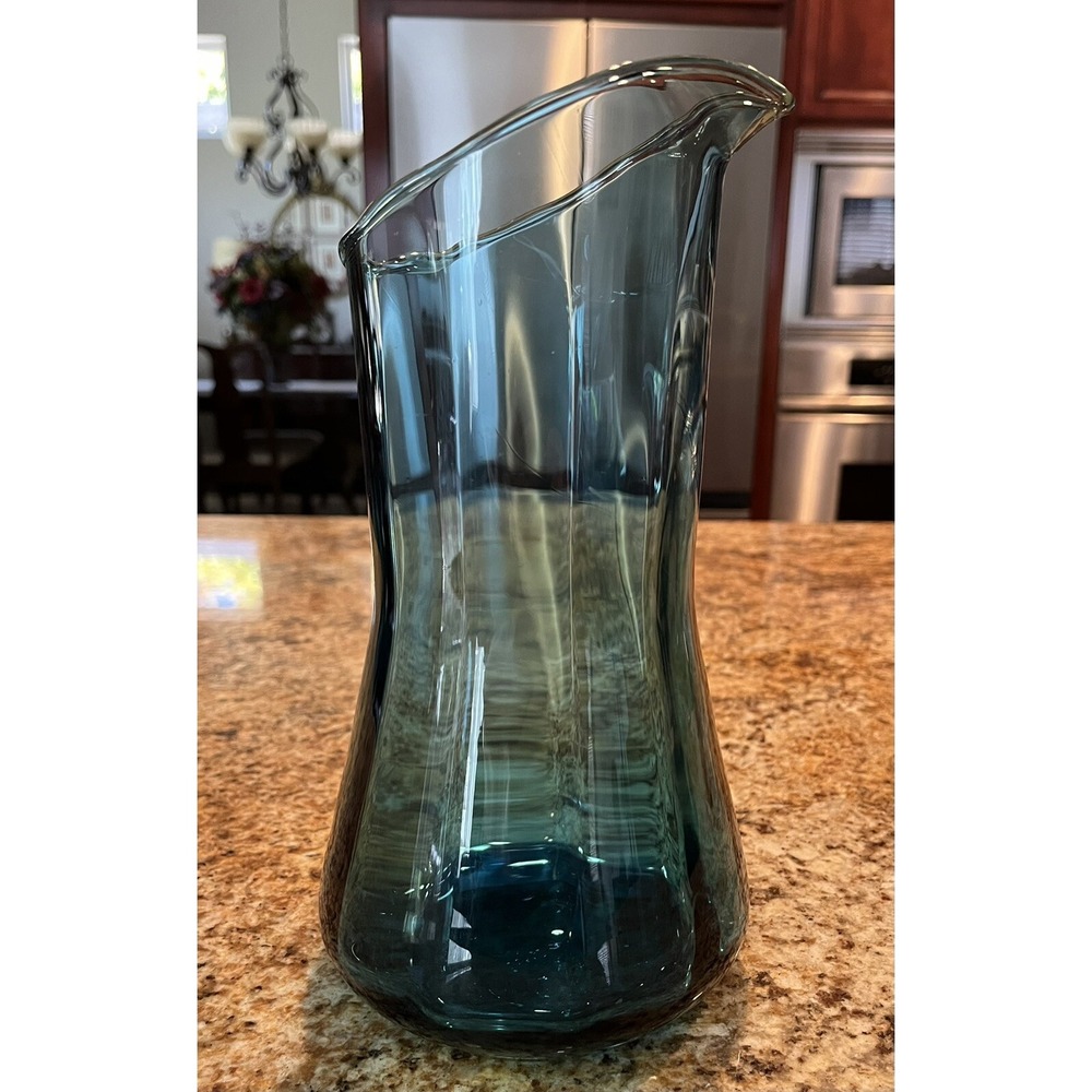 Vintage Blue Glass Carafe/Pitcher Hand Blown Scallop Edge Polished Bottom